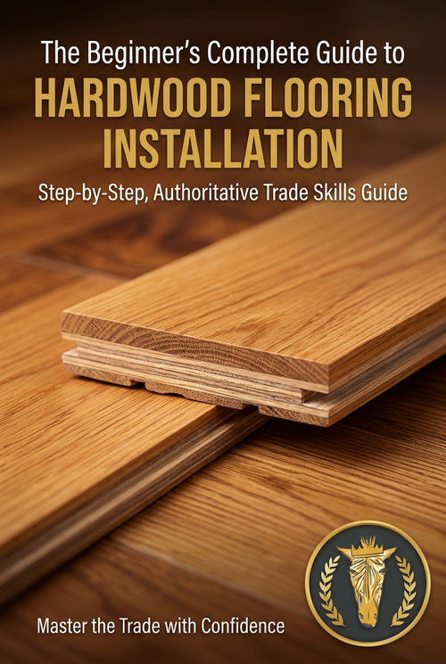 The Beginner's Complete Guide to Hardwood Flooring Installation - ebook cover with engineered hardwood and logo